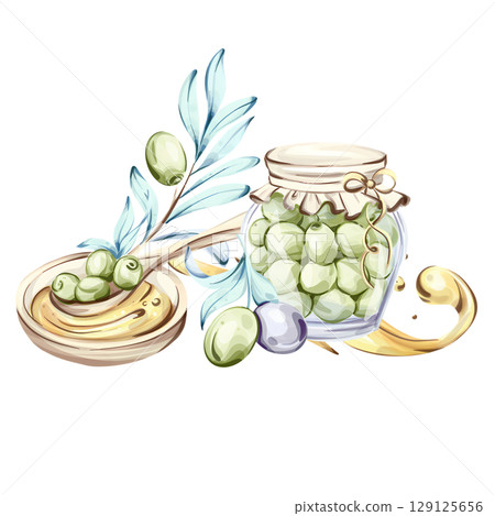 Delightful green olives and olive oil illustrated in watercolor showcasing the beauty of Italian cuisine and nature 129125656