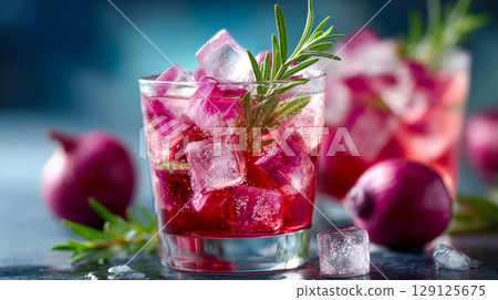 Vibrant beverage with red ice cubes, rosemary sprigs, and ice splashing energetically, set against a refreshing blue background Vibrant beverage with red ice cubes, rosemary sprigs, and ice splashing energetically, set against a refreshing blue background 129125675