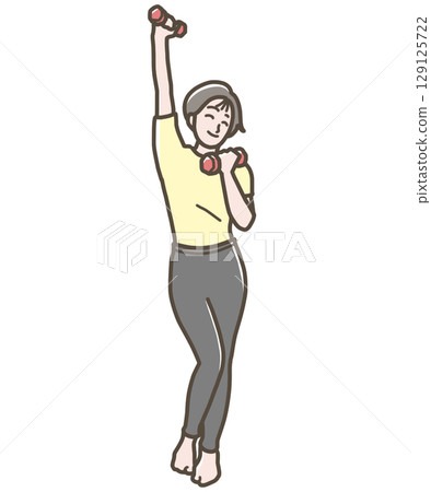 Illustration of a happy woman holding dumbbells 129125722