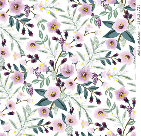 Summer Flowers in Cool and Fresh Colors. Vector illustration of a seamless pattern  129125723