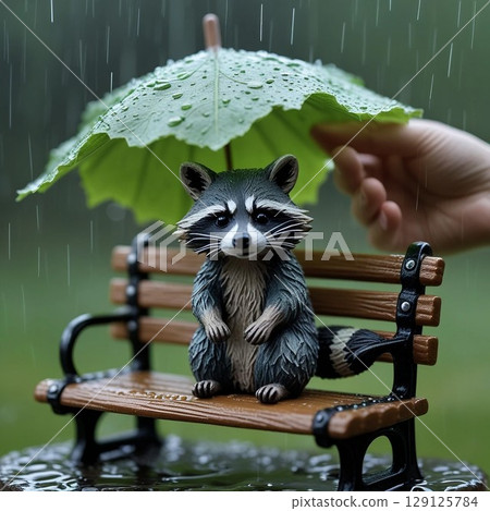 Raccoon sheltering from the rain 129125784