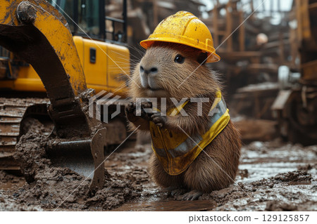 Capybara construction worker engaged in muddy construction site activity wearing safety helmet and vest, surrounded by machinery at work in a bustling urban environment 129125857