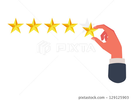 Hand putting five gold stars on white background. Stock illustration 129125903