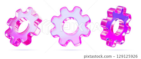3d set of glass holographic gear or cogwheel icon in different angles. Crystal cog wheel with purple pink gradient. Industrial innovation, technical progress, engineering, settings. 3D illustration 129125926