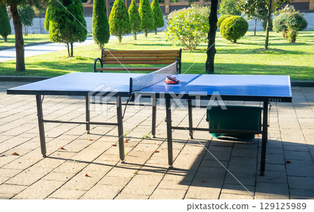 Table tennis in the park. Entertainment in the resort area. Game in nature. Table tennis in the park. Entertainment in the resort area. Game in nature. 129125989