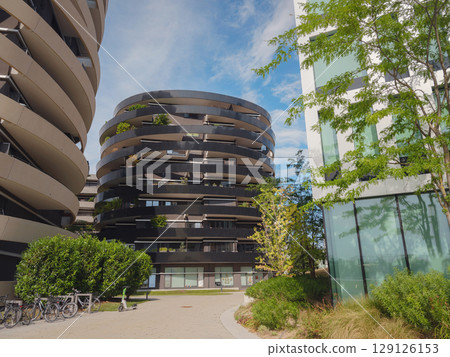 Vienna, Austria, July 19, 2023. Apartment in residential building exterior. Vienna, Austria, July 19, 2023. Apartment in residential building exterior. 129126153