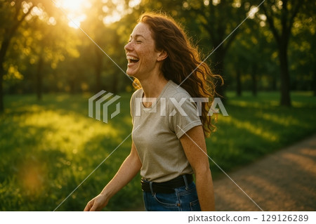Cheerful woman with freckles and red curly hair laughing while walking in green park during sunset on warm summer evening 129126289