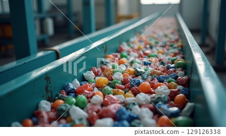 Mixed colorful plastic waste on conveyor belt in recycling plant, industrial process for sustainability and environmental protection 129126338