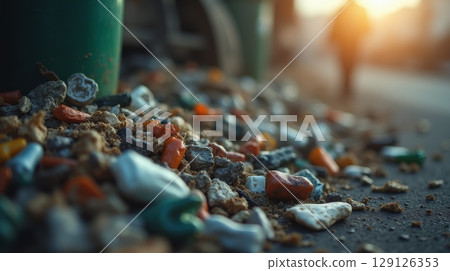 Scattered garbage and debris on the street with blurred figure in background, symbolizing pollution, waste crisis, and environmental issues 129126353