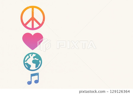 Peace, heart, Earth and music note icons in vertical line on light background with copy space on right side 129126364