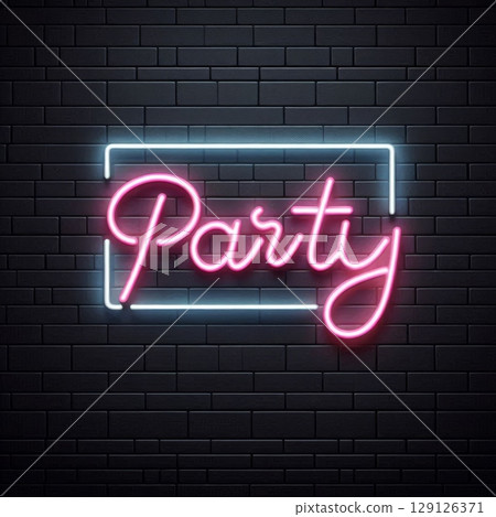 Pink neon sign with word Party inside white neon frame on dark brick wall background. Glowing nightlife design for club bar and celebration themes 129126371
