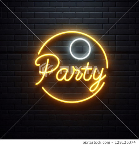 Yellow and white neon party sign on dark brick wall background. Glowing nightlife club and event decoration for celebration and entertainment 129126374
