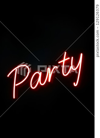 Red neon party sign glowing on black background. Bright illuminated lettering for nightclub, event, and celebration design 129126379