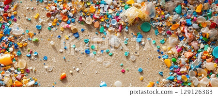 microplastics an the beach environmental pollution concept 129126383