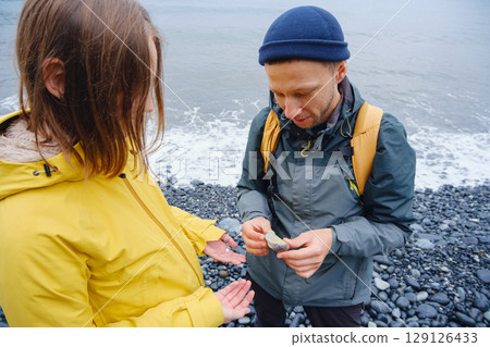 Couple enjoys Turkish coastline near Kemer. 129126433