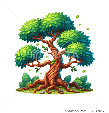 Cartoon tree with thick twisted trunk, lush green foliage, and scattered leaves on white background. Nature illustration Cartoon tree with thick twisted trunk, lush green foliage, and scattered leaves on white background. Nature illustration 129126478
