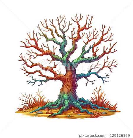 Colorful fantasy tree with twisted branches and roots on dry ground. Digital illustration isolated on white background 129126539