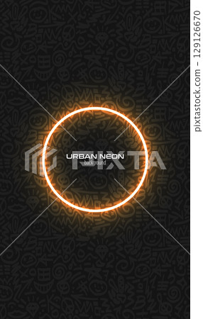 Fun doodle vector pattern vertical banner on black. Hand drawn sketch brush stroke print, glow circle ring frame. Smartphone wallpaper trendy design. 70s 80s background. Simple scribble background 129126670