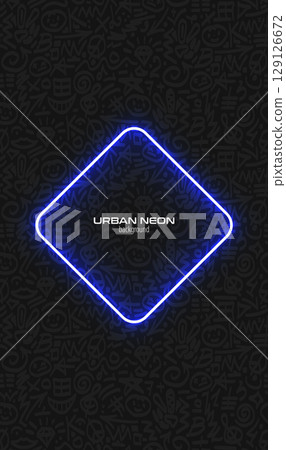 Fun doodle vector pattern vertical banner on black. Hand drawn sketch brush stroke print, glow blue neon rhombus frame. Smartphone wallpaper trendy design. 80s background. Simple scribble background 129126672
