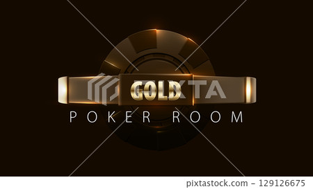 Golden light casino poker chip banner. Vector realistic dark night gamble mysterious background. Poker club, blackjack or online casino banner. Shiny casino Gold poker room text header 129126675
