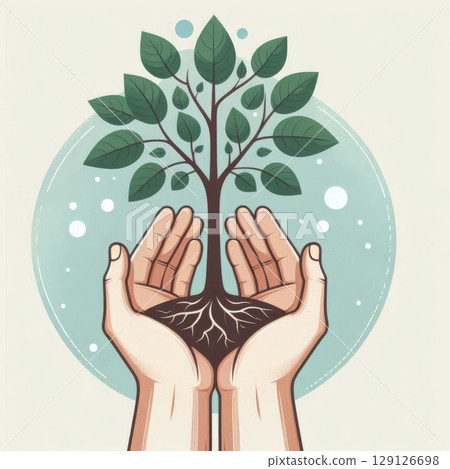 Hands holding a tree with roots and green leaves on a blue circular background. Environmental protection and sustainability concept Hands holding a tree with roots and green leaves on a blue circular background. Environmental protection and sustainability concept 129126698