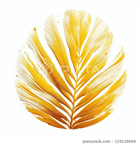 Abstract golden leaf pattern with intricate lines in a circular shape on a white background. Nature-inspired decorative design Abstract golden leaf pattern with intricate lines in a circular shape on a white background. Nature-inspired decorative design 129126699