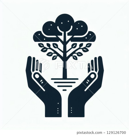 Black and white icon of hands holding a tree with leaves and roots. Symbol of environmental care, sustainability, and nature protection Black and white icon of hands holding a tree with leaves and roots. Symbol of environmental care, sustainability, and nature protection 129126700