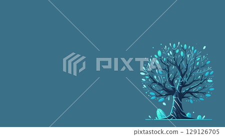 Abstract tree with glowing blue leaves on a solid teal background. Minimalist illustration with copy space Abstract tree with glowing blue leaves on a solid teal background. Minimalist illustration with copy space 129126705