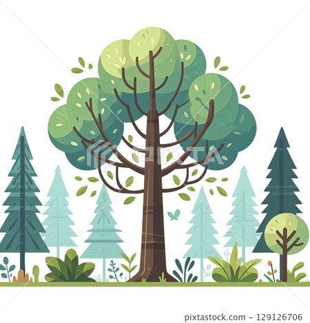 Stylized forest scene with trees, shrubs, and leaves in green tones on a white background. Flat design illustration 129126706