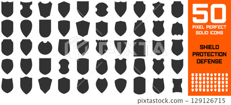 Shield Pixel Perfect Icon Silhouette vector set. Shield shape, security label pictogram. 50 medieval badge isolated on white. Protect coat of arms sign, safety simple sticker. Flat style safeguard kit 129126715