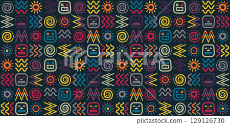 Seamless vector ethnic pattern on black. Bright tribal indian Navajo fabric print. Retro web page fill Aztec seamless native folk wrapping paper texture. Abstract 70s 80s art color background Seamless vector ethnic pattern on black. Bright tribal indian Navajo fabric print. Retro web page fill Aztec seamless native folk wrapping paper texture. Abstract 70s 80s art color background 129126730