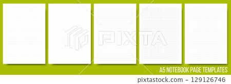 Notepad page layouts set in lined, squared, dotted, cross pattern. Note, notebook paper sheet on background. Vector illustration. Collection of white paper blank for memo or message. Print size A5 129126746