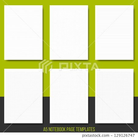 Notepad page layouts set in lined, squared, dotted, cross pattern. Note, notebook paper sheet on background. Vector illustration. Collection of white paper blank for memo or message. Print size A5 129126747