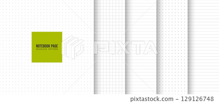 Collection of seamless geometric notepad page fill set in lined, squared, dotted, cross minimalistic pattern. Simple vector graphic white print background. Gray line abstract paper blank texture 129126748