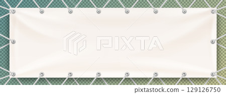 White mock up textile banner with eyelets and white ropes. Hanging advertising promo banner vector template isolated on transparent background 129126750