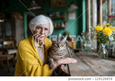 A woman in a yellow sweater is holding a cat on a table 129126859