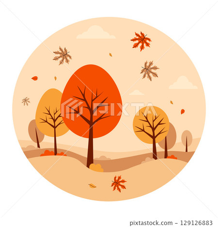 Autumn landscape with trees and falling maple leaves. Minimal flat fall square Round background. Vector illustration. Perfect for seasonal poster, banners. Not AI 129126883