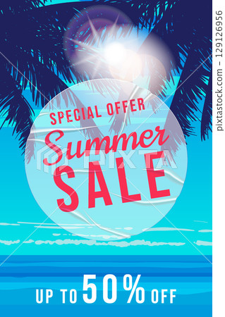 Summer Sale Template poster. White sticker with wrinckles 129126956
