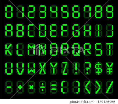 Digital letters and numbers. Alphabet on LCD monitor. Clock letters. Digital font on black background. 129126966