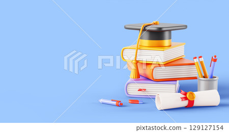 3d stack of books with graduation cap and paper diploma rolled. Color pile of textbooks, certificate scroll, pen, pencil on blue bg. High school or college banner template. Education. 3D illustration 129127154