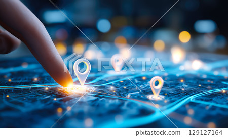A hand interacts with a GPS holographic interface featuring location pins. The concept of smart navigation, geolocation technology, and futuristic travel solutions. Generative AI. A hand interacts with a GPS holographic interface featuring location pins. The concept of smart navigation, geolocation technology, and futuristic travel solutions. Generative AI. 129127164