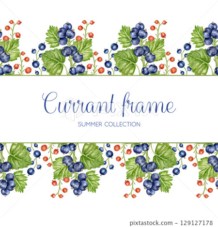 Frame with red and black currant berries and green leaves. Colorful, juicy summer background for greeting cards, invitations, cookbooks, menus, and birthdays. Square watercolor template. 129127178