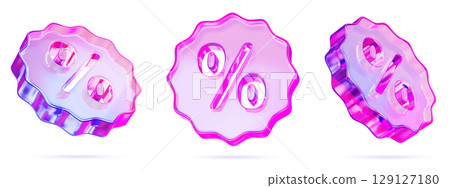 3d set of glass holographic discount percentage badge icon with wavy edges in different angles. Gradient crystal coupon elements for sale promotion, price tag, special offer or bonus. 3D illustration 129127180