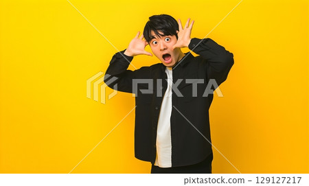 Studio portrait of a man expressing extreme surprise - Generative AI 129127217