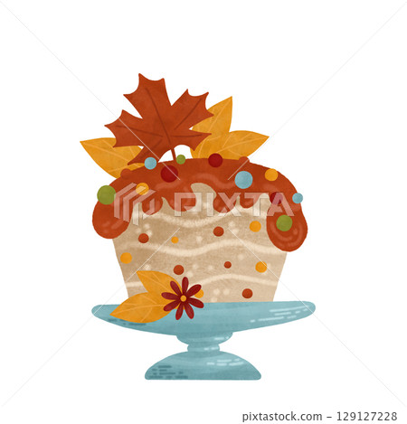 The cupcake, a festive watercolor composition in autumn colors, is decorated with autumn leaves. It is a design element for printing. The cupcake, a festive watercolor composition in autumn colors, is decorated with autumn leaves. It is a design element for printing. 129127228