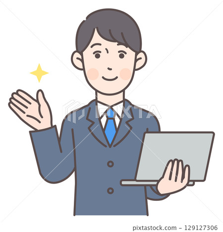 Male office worker giving directions while holding a laptop 129127306