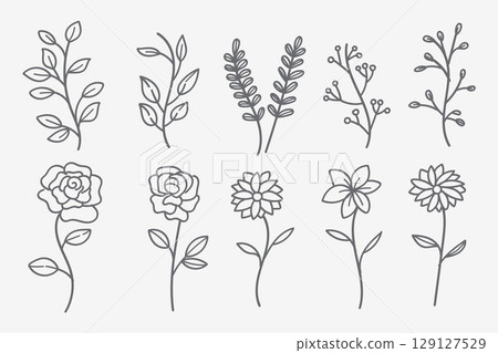 Vector set of doodle flower and leaf elements.Autumn and spring collection 129127529