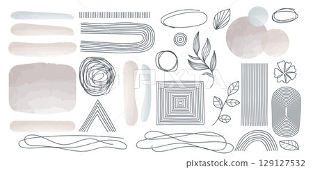 Set of elements for wall art minimal poster. Scandinavian style hand drawn wall art decor. Abstract line art design elements. Can be used for cover, print, poster, wall decoration. 129127532