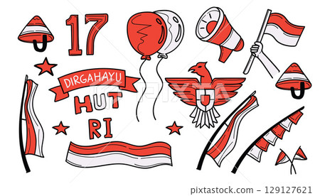 Doodle hand drawn Indonesia independence day colorful collection 129127621