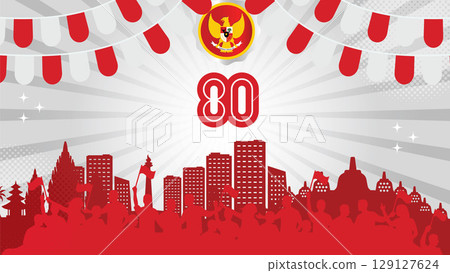 Indonesia Independence Day Poster with Garuda Emblem, Cityscape, and Wavy Ribbons on 17 August. 129127624